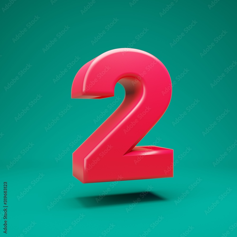 Pink 3d number 2 on mint background. 3D rendering. Best for anniversary, birthday party, celebration.