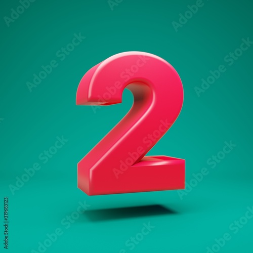 Pink 3d number 2 on mint background. 3D rendering. Best for anniversary, birthday party, celebration.
