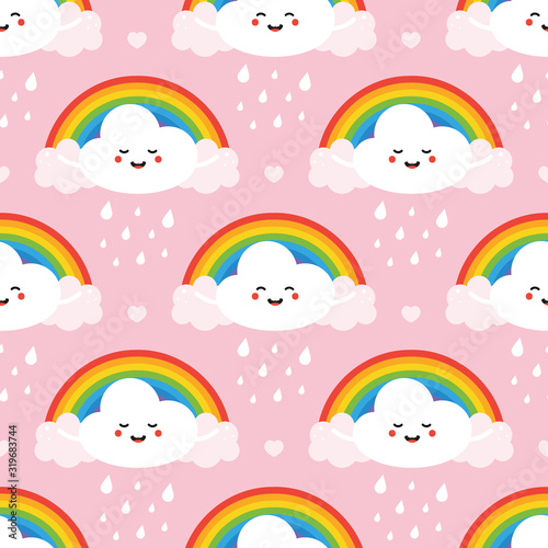 Vector cartoon style seamless pattern background with cute rainy cloud characters and rainbows. Textile print design for kids, children.