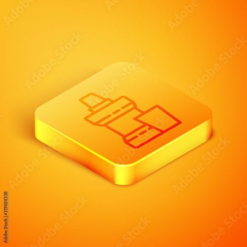 Isometric line Mouthwash plastic bottle and glass icon isolated on orange background. Liquid for rinsing mouth. Oralcare equipment. Orange square button. Vector Illustration