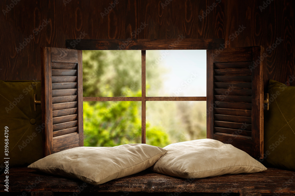 Wooden brown window sill and spring time. Wooden brown window sill and spring time.