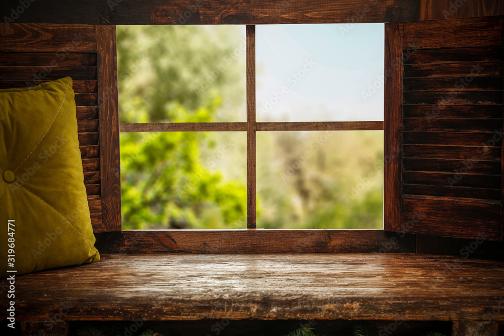 Wooden brown window sill and spring time. Wooden brown window sill and spring time.