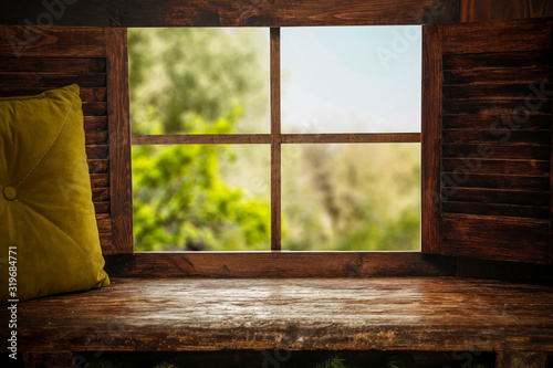 Wooden brown window sill and spring time.  © magdal3na