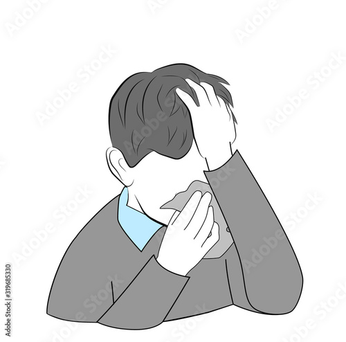 man caught a cold. Icon man sneezes. man covers his face with a scarf. vector illustration.