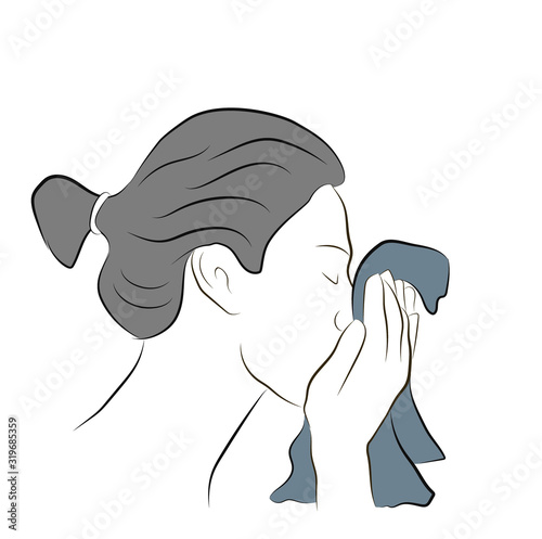 the woman caught a cold. Icon girl sneezes. covers his face with a handkerchief. vector illustration