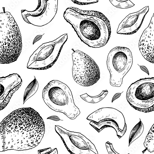 Avocado sketch pattern. Hand drawn black avocado on transparent background. Seamless vector backdrop.