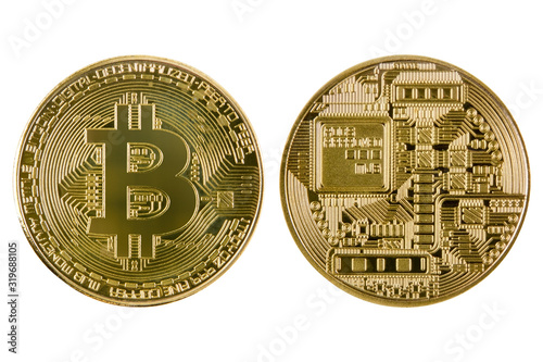 The front and back of a bitcoin isolated on a white background. Cryptocurrency in the form of a gold coin