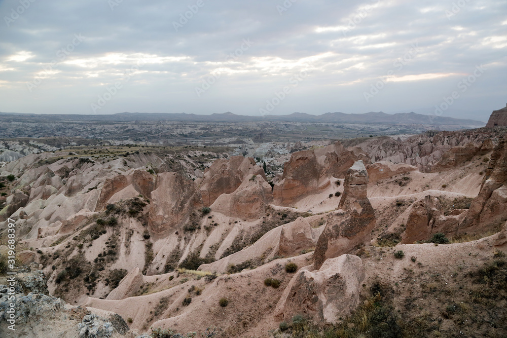 Unusual stones from volcanic rocks in the Red Valley near the village of Goreme in the Cappadocia region in Turkey.