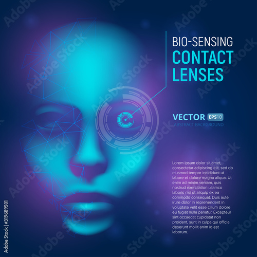 Bio-sensing contact lenses in realistic cyber mind face with polygonal shapes. Virtual artificial intelligence. Vector humanoid 3D digital concept illustration on technology abstract background