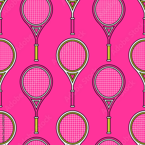 Seamless pattern of tennis rackets on bright pink background