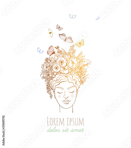 Young beautiful girl with flowers and butterflies in hair. Doodle sketch illustration on white background.