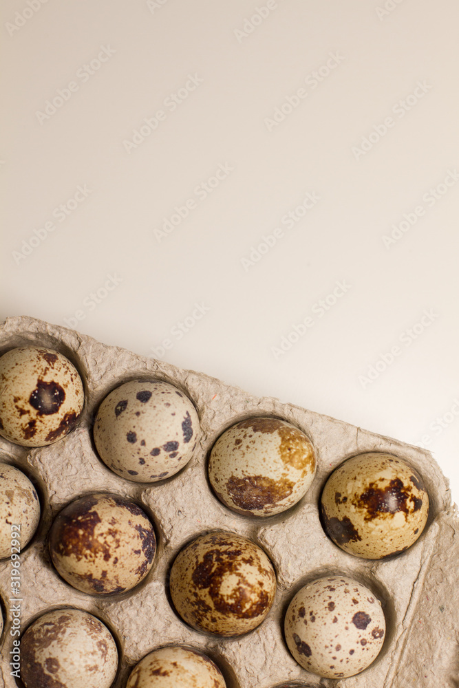 chicken eggs in a box on a white background. Easter. palm Sunday. healthy snack. protein. the concept of a farmer. space for text. the view from the top.