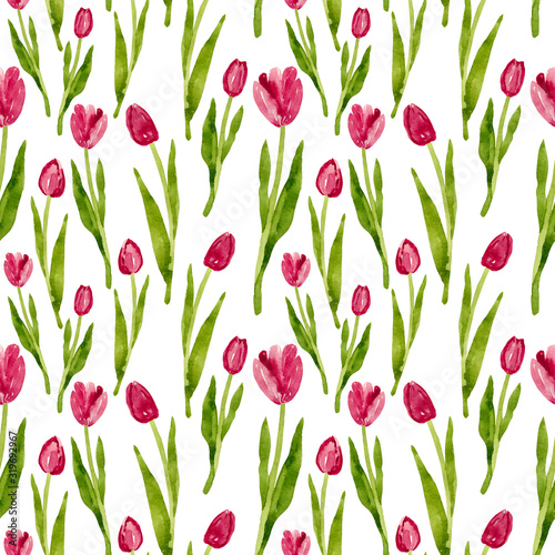 Watercolor pattern of tulip. Hand drawn illustration isolated on white background. Elegant and delicate print of flowers.