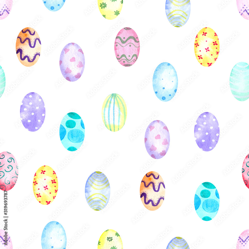 Watercolor seamless pattern with easter eggs. Perfect for decorating holiday design in textile products, printing, souvenir products, web sites and other fields of application.