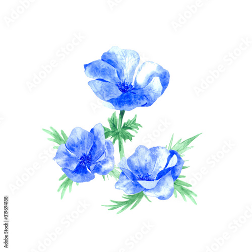 Watercolor bouquet of blue garden flowers. It looks good in the design of printing, textile products, printing, souvenir products and in many other creative fields.