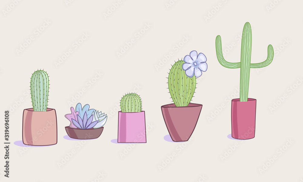 A set of illustrations depicting several flower pots with cacti in different colors and with different compositions. A set of illustrations depicting several flower pots with cacti in different colors and with different compositions.