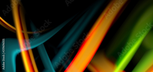 Abstract silk smooth lines on black  multicolored liquid fluid rainbow style waves on black