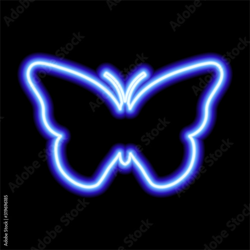 blue neon sign of butterfly on black background