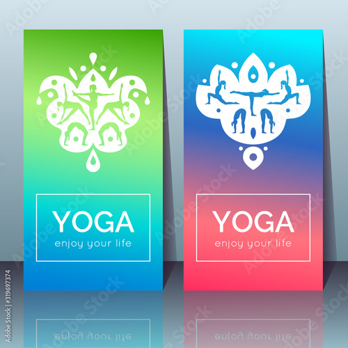 Vector yoga cards with girls in yoga poses, ethnic indian ornament 