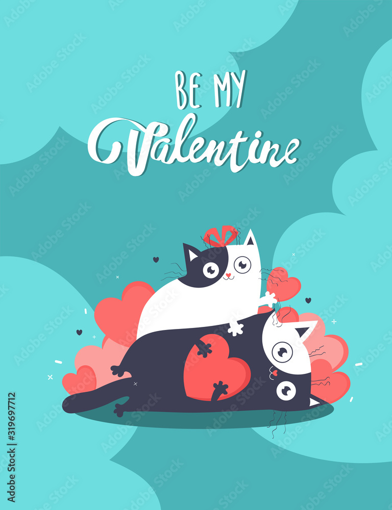 Valentine's day illustration with cat, and many hearts, cats in love Invitation card, abstract background with text love, 14th of February. Valentine's day illustration with cat, and many hearts, cats in love Invitation card, abstract background with text love, 14th of February.