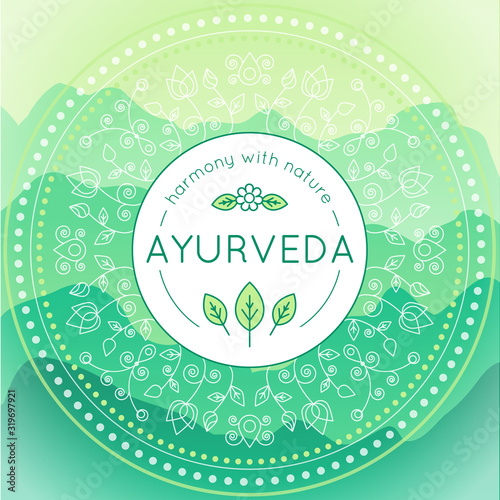 Vector Ayurveda illustration with mountains landscape