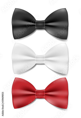 Realistic black, white and red tie. Vector bow tie isolated on white. Vector illustration.