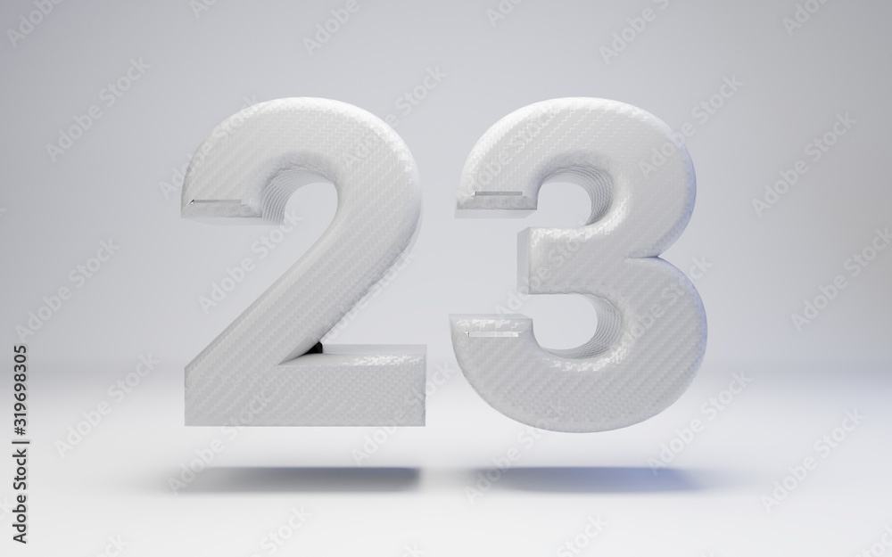 White carbon fiber number 23 isolated on white. 3D rendered white glossy carbon digits for posters, advertisements, banners. White carbon fiber number 23 isolated on white. 3D rendered white glossy carbon digits for posters, advertisements, banners.