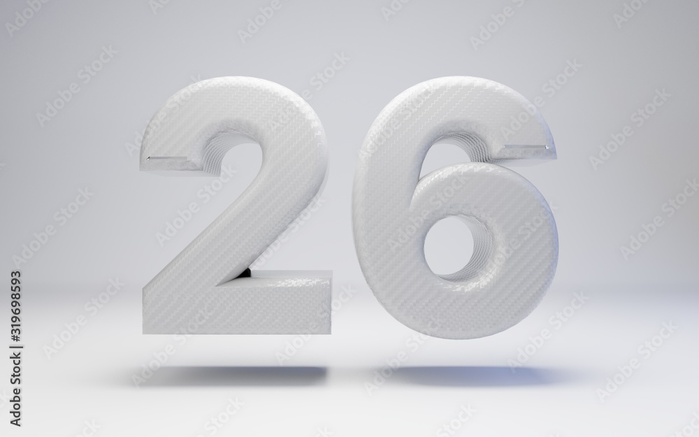 White carbon fiber number 26 isolated on white. 3D rendered white glossy carbon digits for posters, advertisements, banners. White carbon fiber number 26 isolated on white. 3D rendered white glossy carbon digits for posters, advertisements, banners.