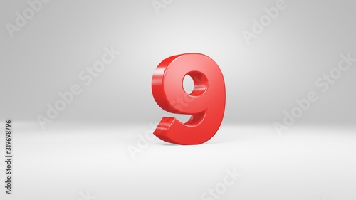 Number 9 in red on white background, isolated glossy number 3d render