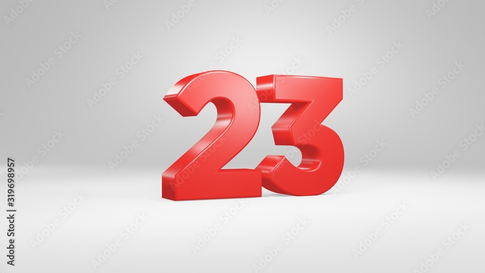 Number 23 in red on white background, isolated glossy number 3d render Number 23 in red on white background, isolated glossy number 3d render