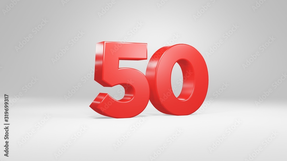 Number 50 in red on white background, isolated glossy number 3d render Number 50 in red on white background, isolated glossy number 3d render