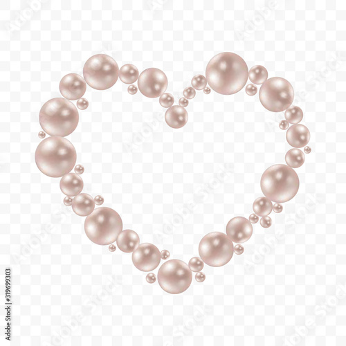 Heart shape frame painting isolated on transparent background. Pearl chains. Realistic white pearls. 