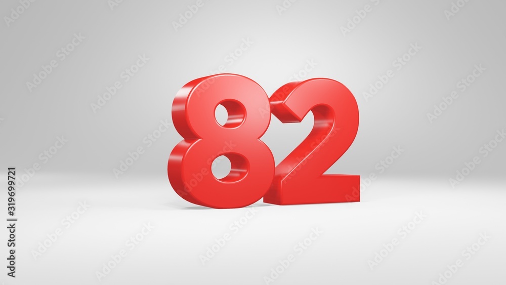 Number 82 in red on white background, isolated glossy number 3d render Number 82 in red on white background, isolated glossy number 3d render