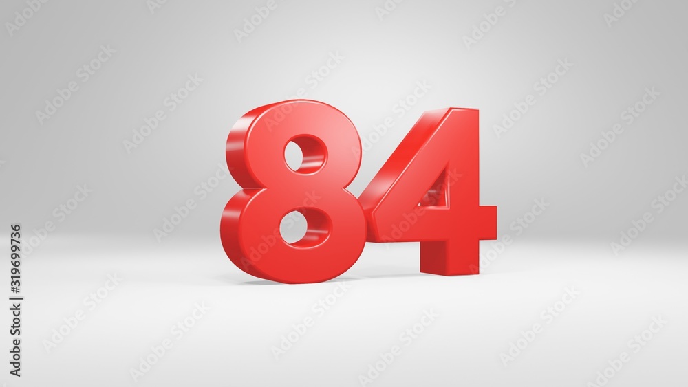 Number 84 in red on white background, isolated glossy number 3d render Number 84 in red on white background, isolated glossy number 3d render