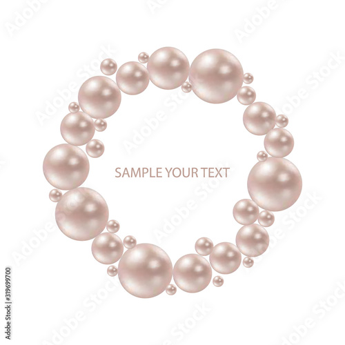 Pearl beads frame on a gray background. Jewelry bracelet, necklace. Wedding invitation white pearls background. Vector illustration. eps 10