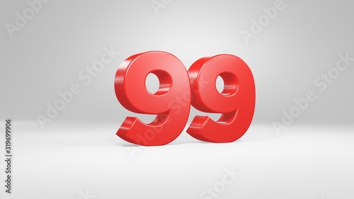 Number 99 in red on white background, isolated glossy number 3d render