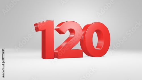 Number 120 in red on white background, isolated glossy number 3d render