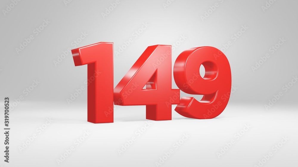Number 149 in red on white background, isolated glossy number 3d render Number 149 in red on white background, isolated glossy number 3d render