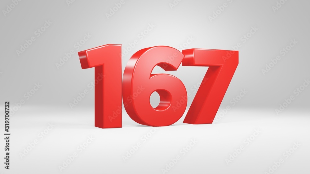 Number 167 in red on white background, isolated glossy number 3d render Number 167 in red on white background, isolated glossy number 3d render