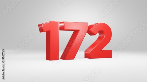 Number 172 in red on white background, isolated glossy number 3d render
