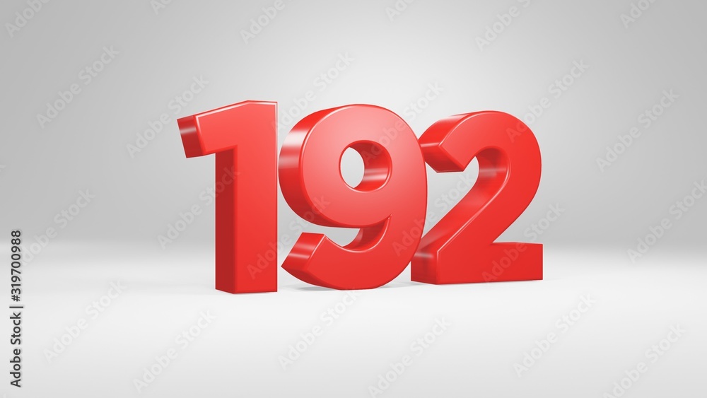 Number 192 in red on white background, isolated glossy number 3d render Number 192 in red on white background, isolated glossy number 3d render