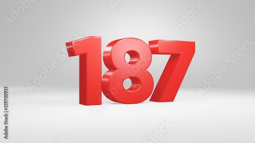 Number 187 in red on white background, isolated glossy number 3d render