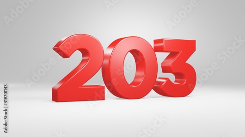 Number 203 in red on white background, isolated glossy number 3d render