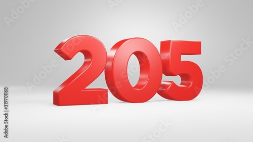 Number 205 in red on white background, isolated glossy number 3d render