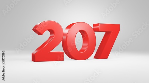 Number 207 in red on white background, isolated glossy number 3d render