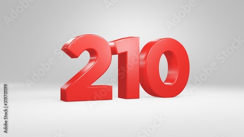 Number 210 in red on white background, isolated glossy number 3d render