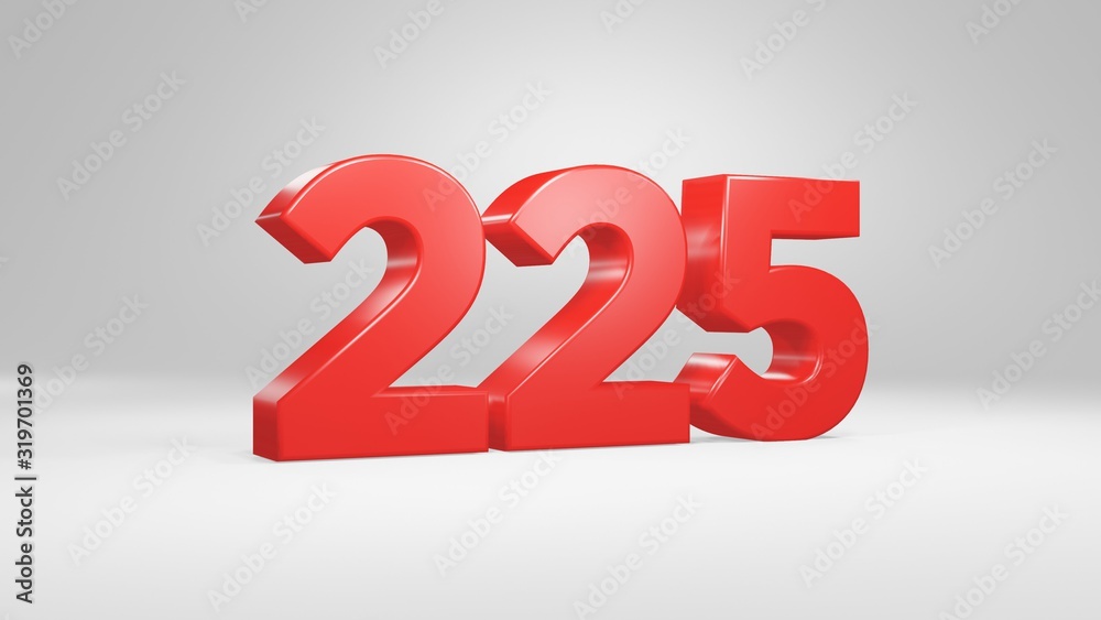 Number 225 in red on white background, isolated glossy number 3d render Number 225 in red on white background, isolated glossy number 3d render
