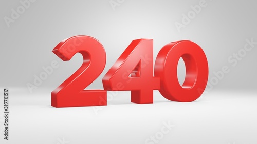 Number 240 in red on white background, isolated glossy number 3d render
