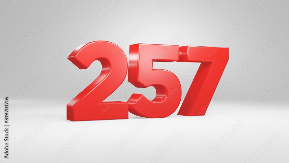 Number 257 in red on white background, isolated glossy number 3d render Number 257 in red on white background, isolated glossy number 3d render