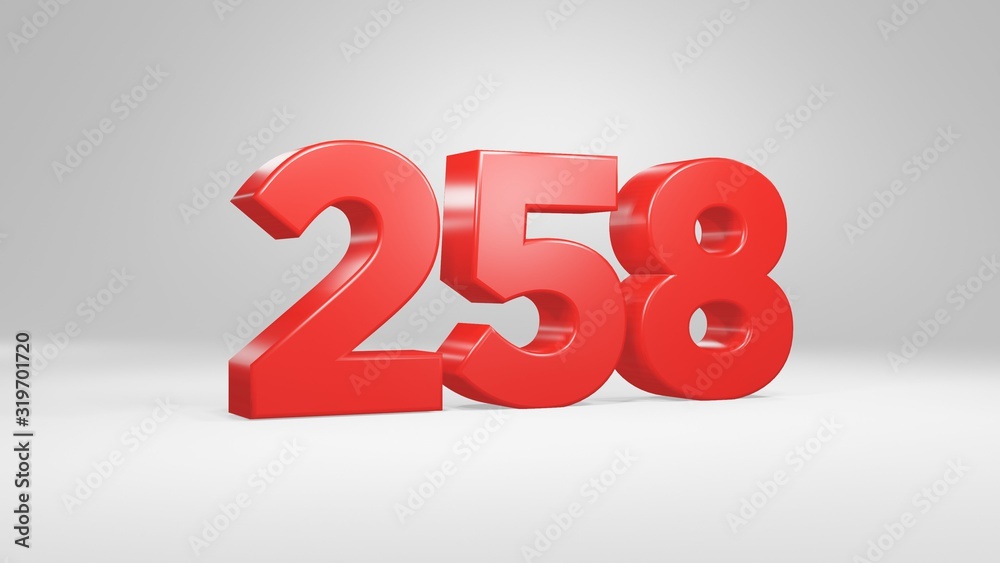 Number 258 in red on white background, isolated glossy number 3d render Number 258 in red on white background, isolated glossy number 3d render